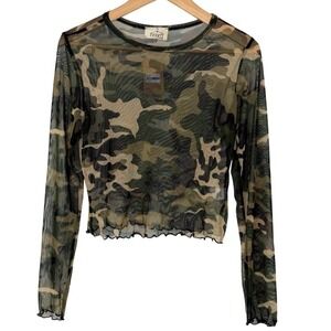 NWT Amante Camouflage Mesh Sheer Blouse  Crop Blouse Sz L Y2K Streetwear Army